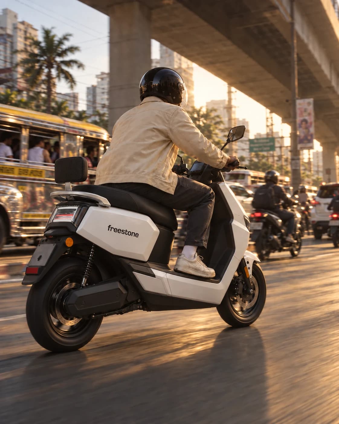 Rider on a Pearl White Freestone 02 cruising through Metro Manila traffic beneath a flyover